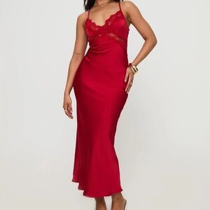 NWT Princess Polly Treasure Bias Cut Satin Lace Maxi Dress Red 🌹